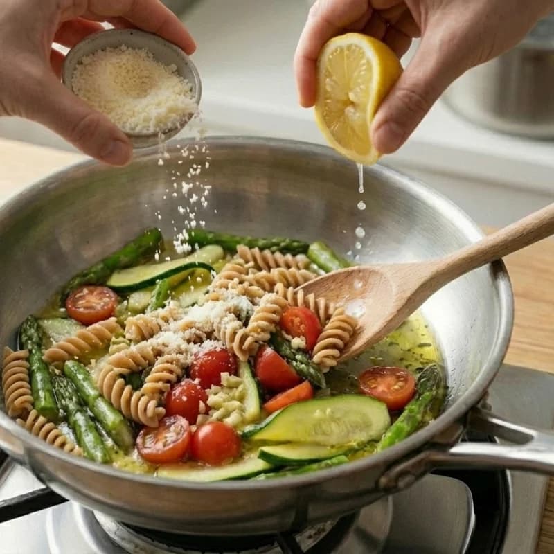 Step 5: Add drained pasta to the vegetables along with half the Parm