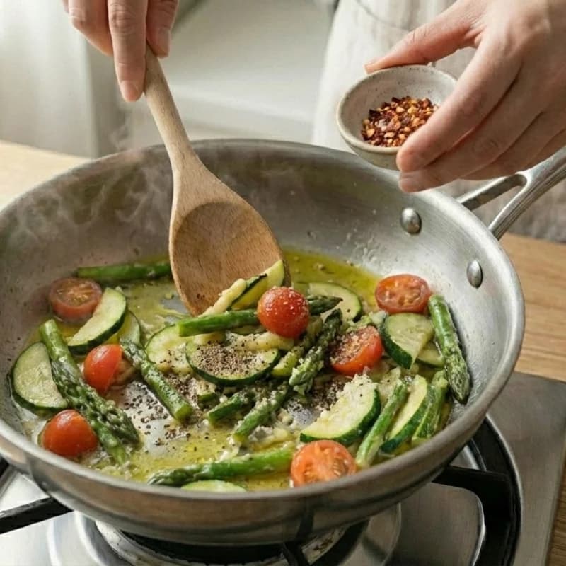 Step 7: Season with salt, pepper, and red pepper flakes if using.