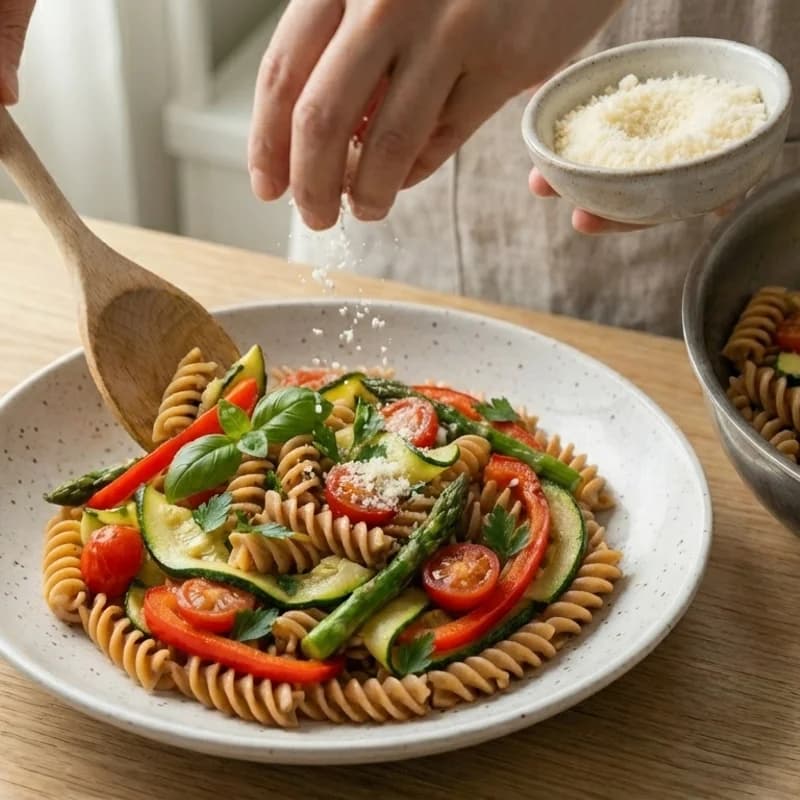 Step 8: Serve topped with remaining Parmesan and fresh torn basil.