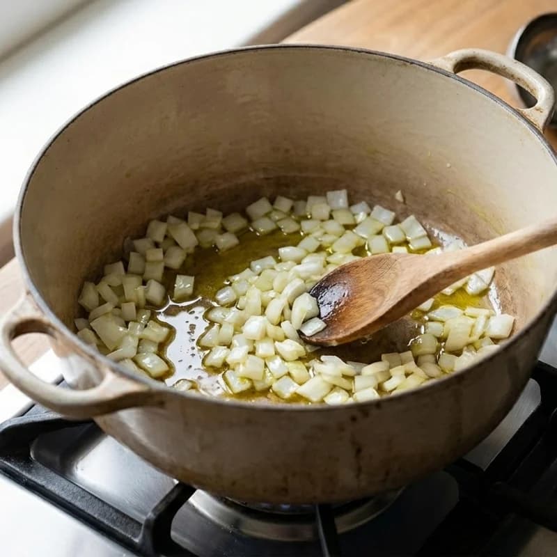 Step 1: Heat olive oil in a large pot over medium heat. Add onion an