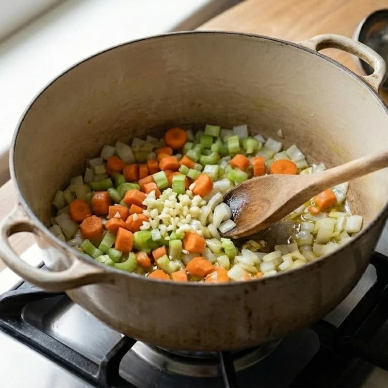 Step 2: Add carrots, celery, and garlic. Cook for 3-4 minutes until
