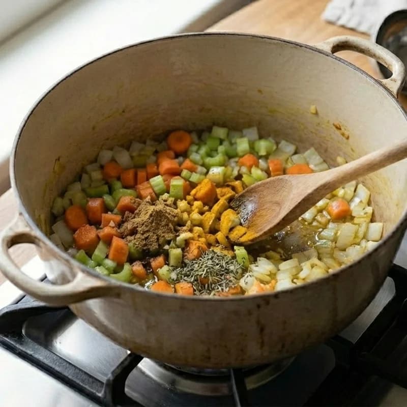 Step 3: Stir in cumin, turmeric, and thyme. Cook for 1 minute until