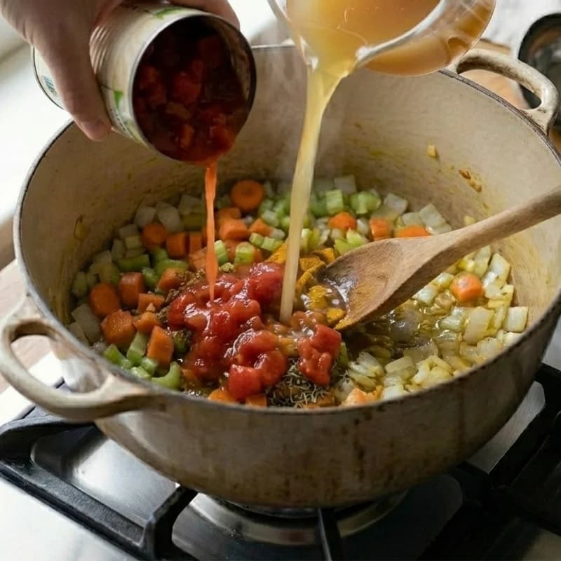Step 4: Add lentils, diced tomatoes, and 1 liter of water or vegetab